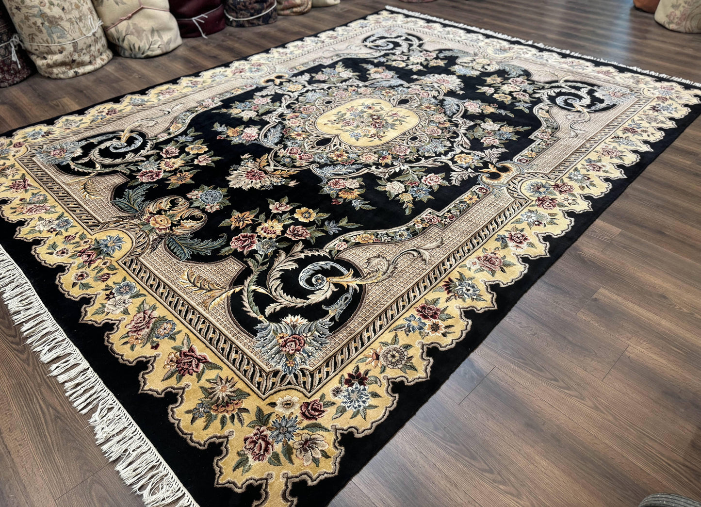 Aubusson Rug 9x12, Black and Beige, Floral, Elegant Handmade French European Design Carpet - Nuvé