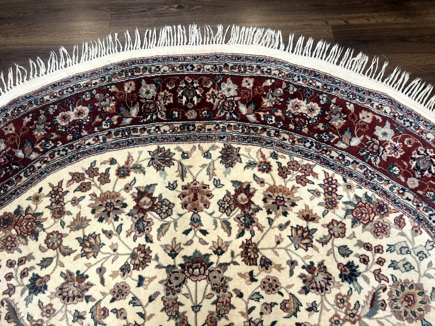 Round Sino Persian Rug 8x8, Wool and Silk, Floral Medallion, Ivory Dark Red - Nuvé