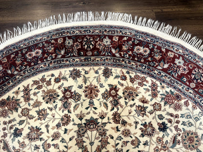 Round Sino Persian Rug 8x8, Wool and Silk, Floral Medallion, Ivory Dark Red - Nuvé