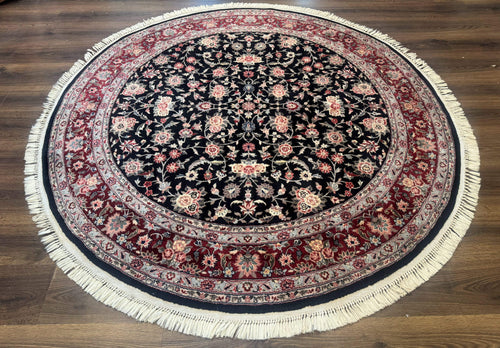 Round Sino Persian Rug 6x6, Floral, Navy Blue and Red, Wool and Silk Highlights - Nuvé