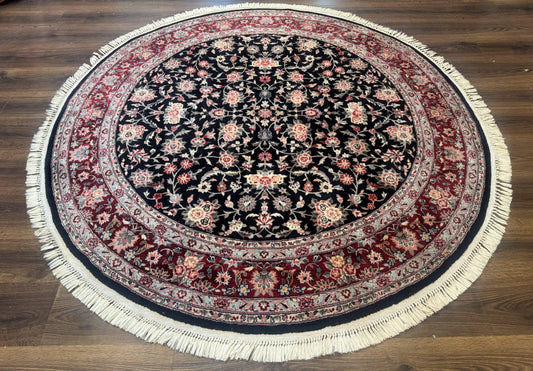 Round Sino Persian Rug 6x6, Floral, Navy Blue and Red, Wool and Silk Highlights - Nuvé