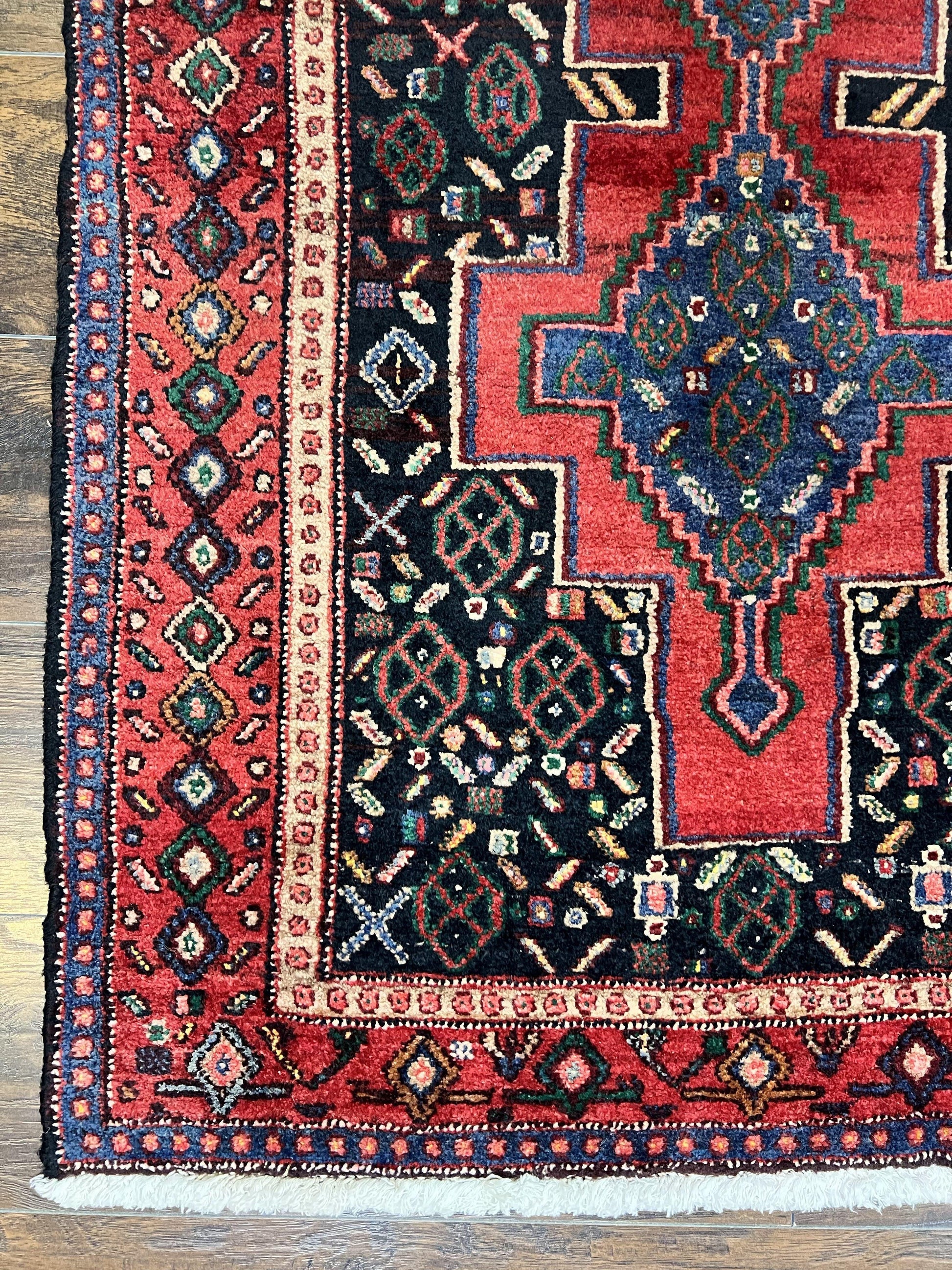 Persian Kurdish Senneh Runner Rug 3x9, Red Navy Blue, Medallions Wool Tribal Runner for Kitchen/Hallway 9ft Antique Handmade Oriental Runner - Nuvé