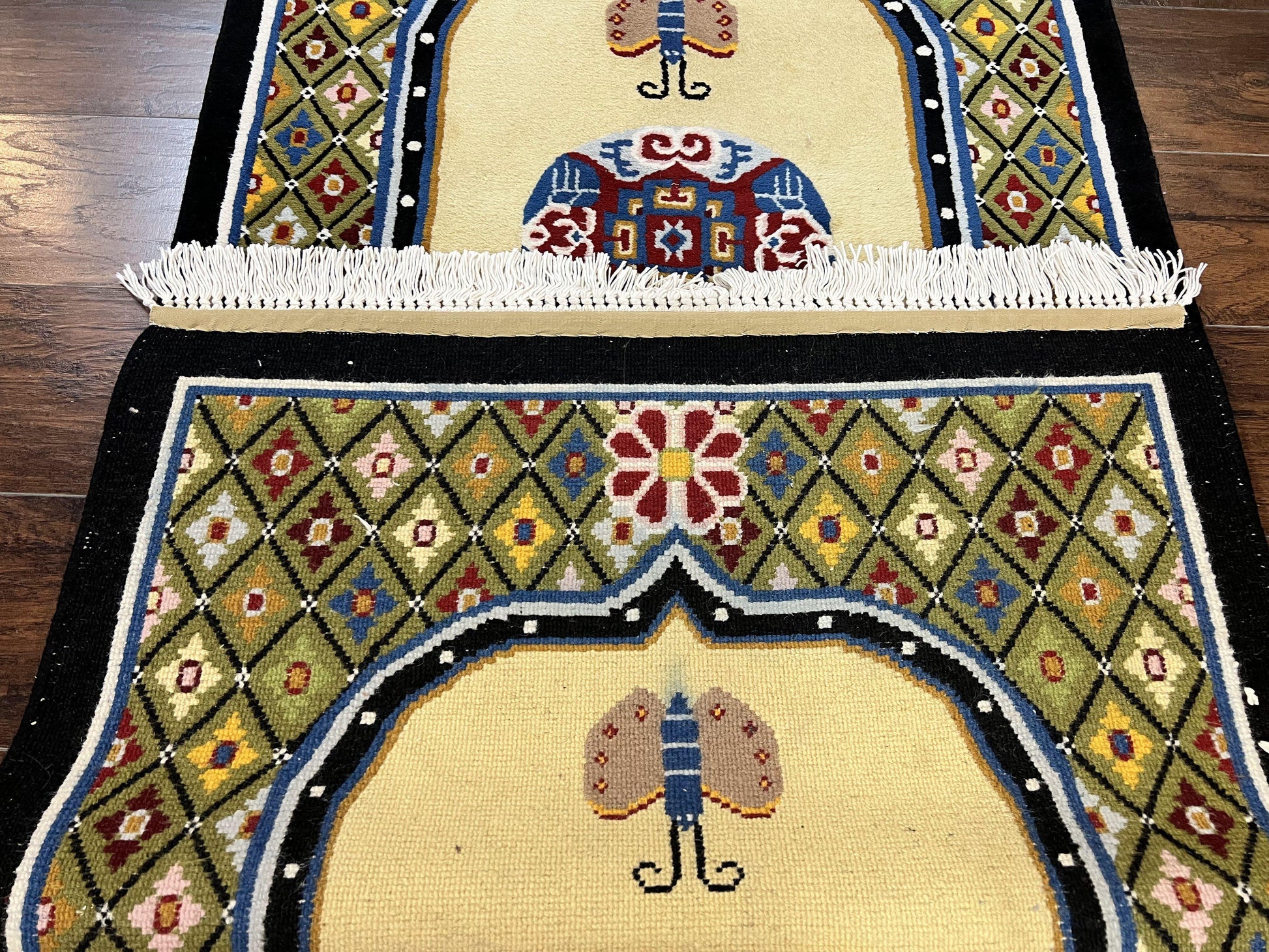 Chinese Rug 3x6 ft, Chinese Wool Rug, Tiensin Rug, Handmade Wool 3 x 6 Vintage Peking Rug, Art Deco Rug, Butterflies - Nuvé