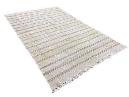5x8 Turkish Kilim Rug, Flatweave Carpet, Striped Blanket, Southwestern Design, New, Gray, Wool, High Quality, Hand-Knotted - Nuvé