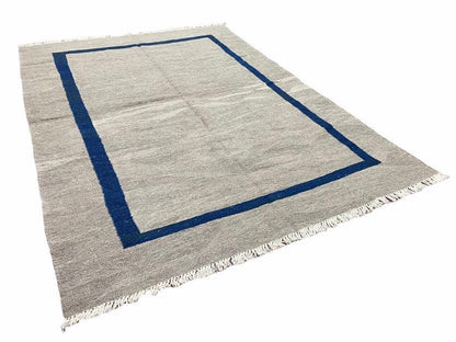Geometric Turkish Kilim Rug 5' 7" x 7' 9", Flatweave Carpet, Minimal Design, Anatolian Carpet, Gray, Geometric, Dark Blue, Hand-Knotted, New - Nuvé