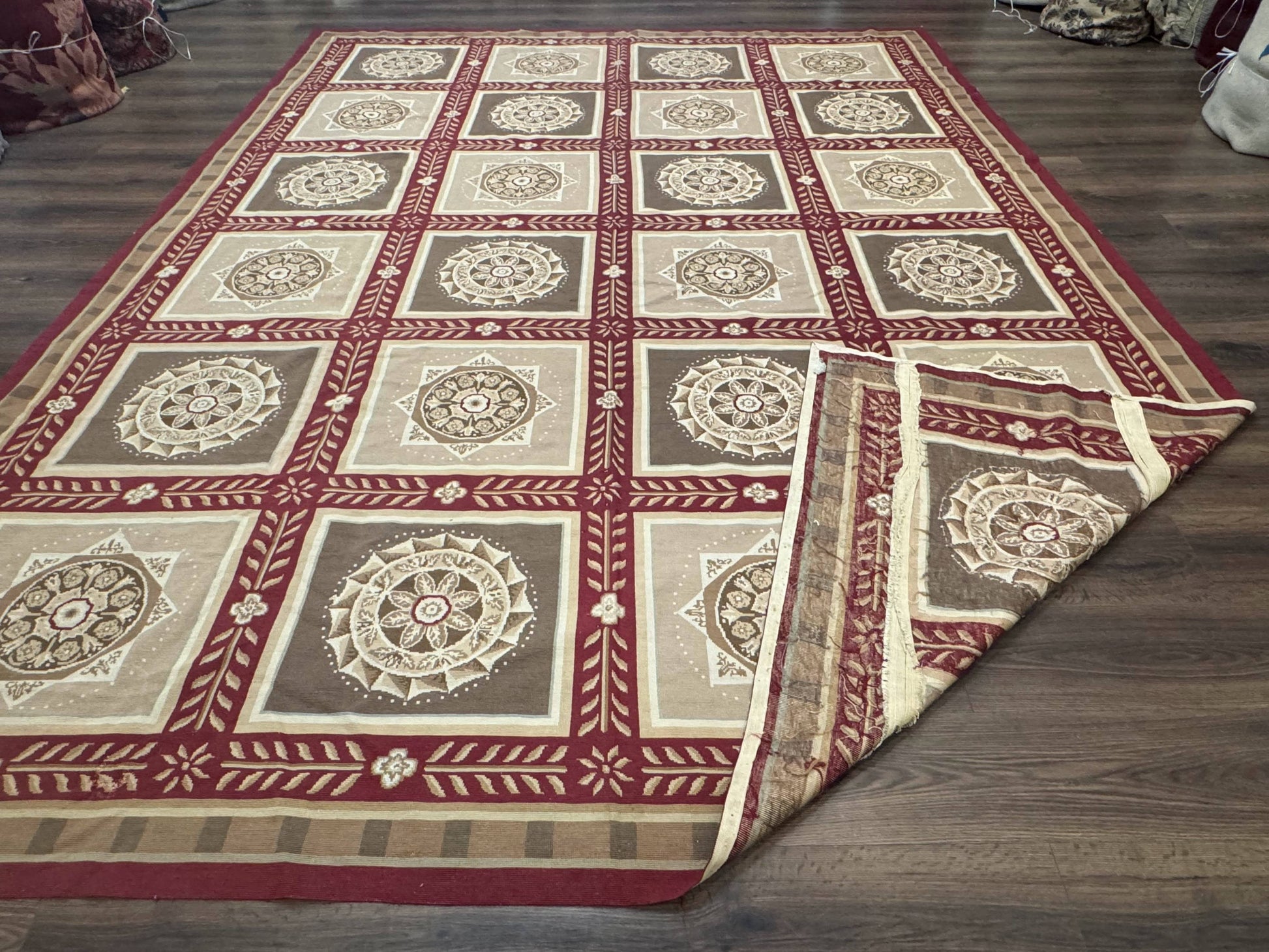 Needlepoint Rug 9x12, Panel Design, Burgundy Taupe, Elegant - Nuvé