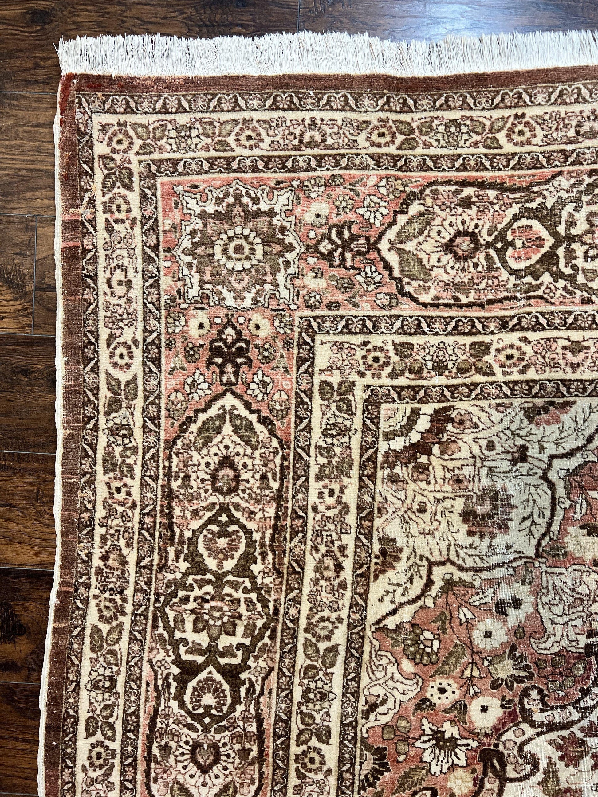 Antique Persian Tabriz Rug 10x12, Wool Hand Knotted Oriental Carpet, Beige Light Red, Floral Medallion - Nuvé