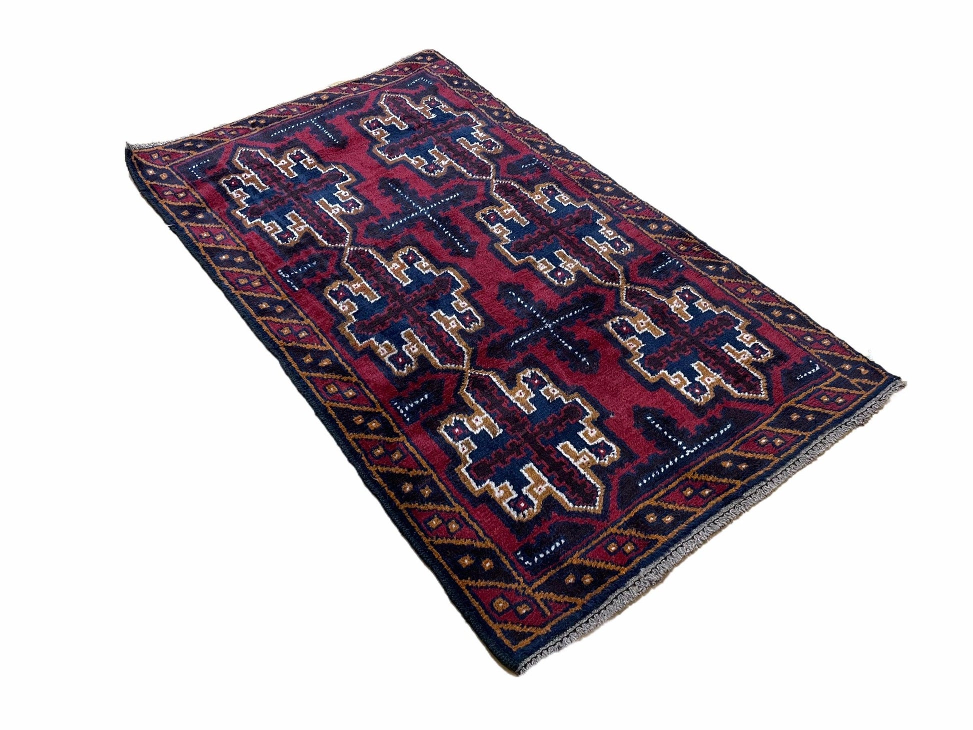2' 7" X 4' 6" Vintage Handmade Tribal Wool Rug Balouchi Rug Afghan Rug Red Blue - Nuvé
