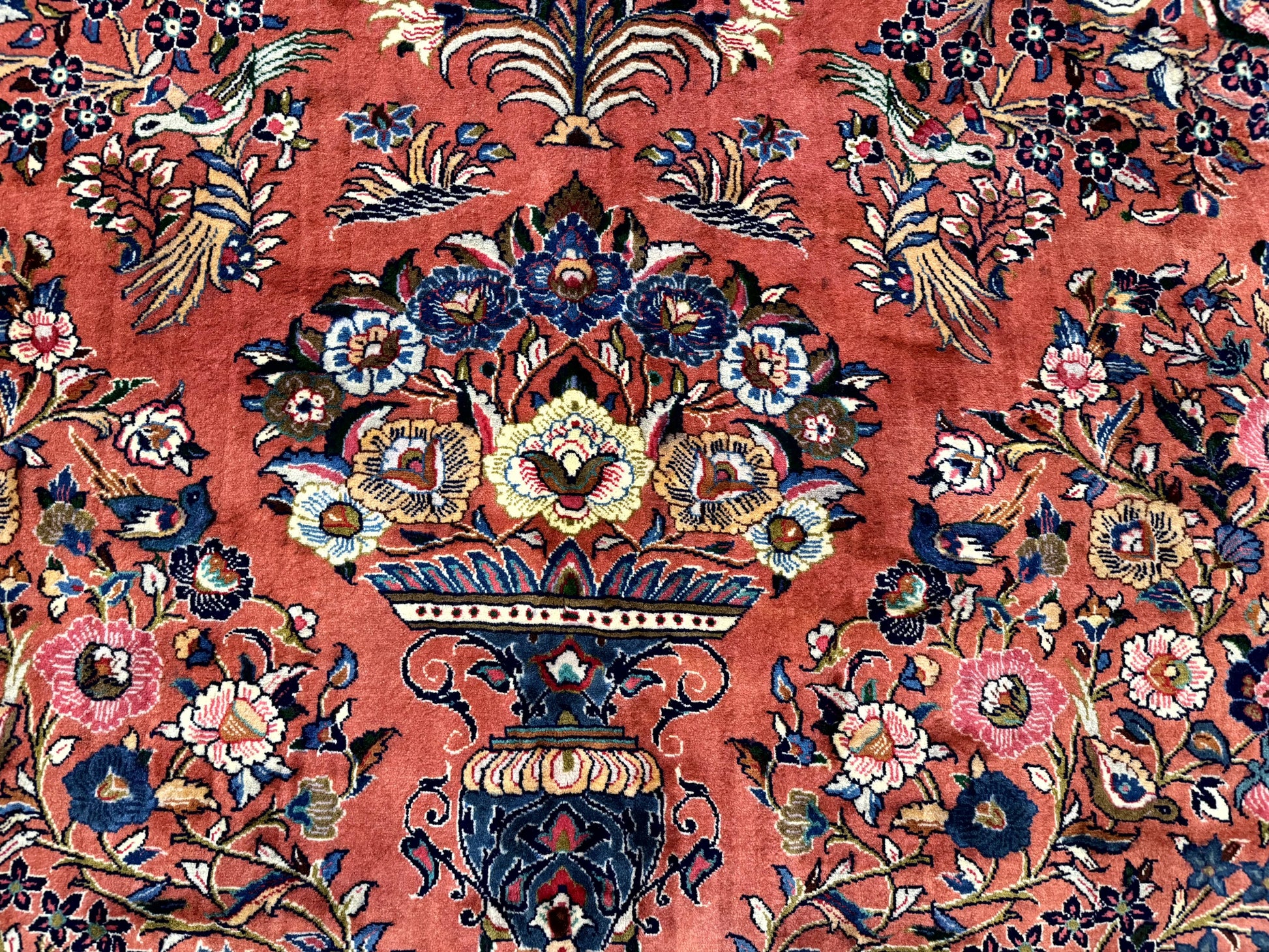 Persian Sarouk Rug 7x10, Red and Ivory, Floral Bouquets, Birds - Nuvé