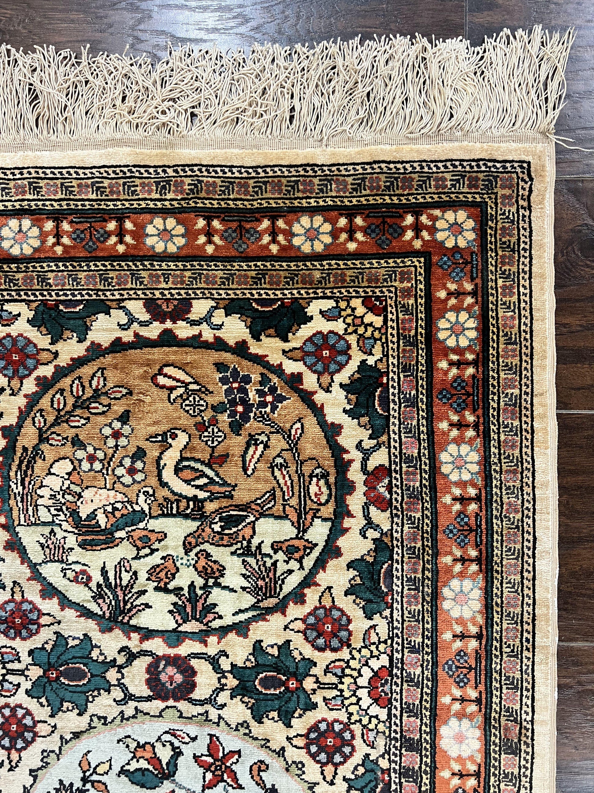Silk Turkish Rug 2x4, Fine Handmade Oriental Rug, Animal Pictorial Birds Silk Pile on Silk Foundation Vintage Hand Knotted Hereke Carpet - Nuvé