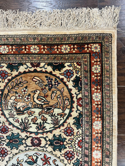 Silk Turkish Rug 2x4, Fine Handmade Oriental Rug, Animal Pictorial Birds Silk Pile on Silk Foundation Vintage Hand Knotted Hereke Carpet - Nuvé