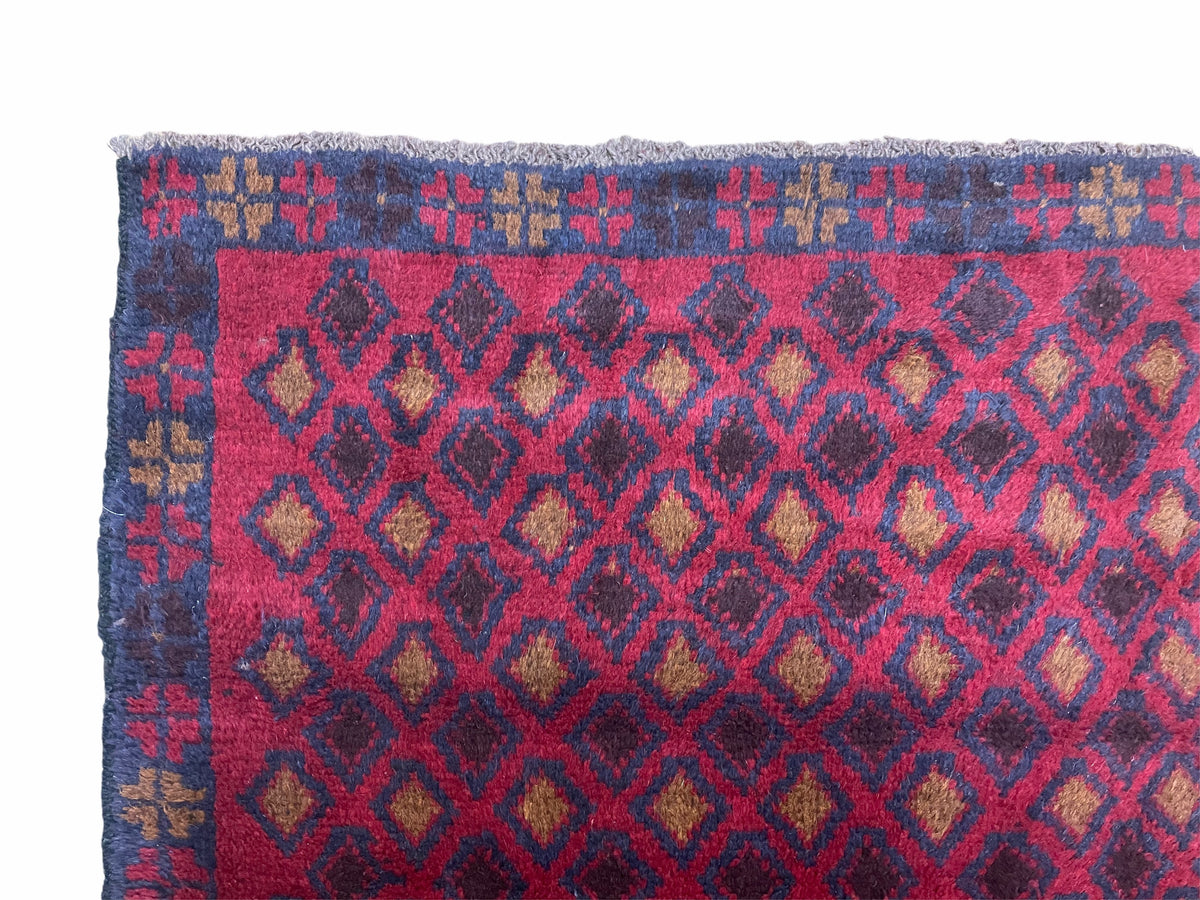 3x5 New Vintage Handmade Tribal Wool Rug Balouch Rug Afghan Rug Red Blue Diamond