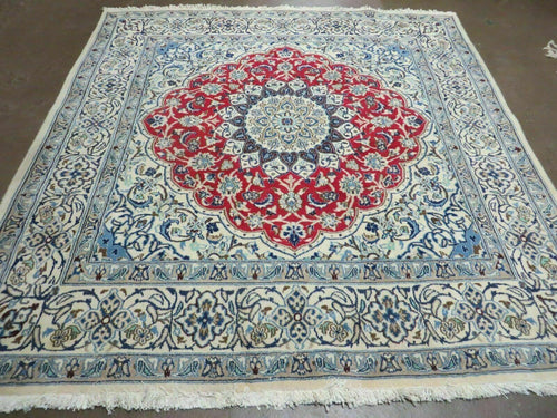 Square Persian Nain Rug 6.3 x 6.8, Hand-Knotted Wool with Silk Accents, Ivory Red Blue - Nuvé