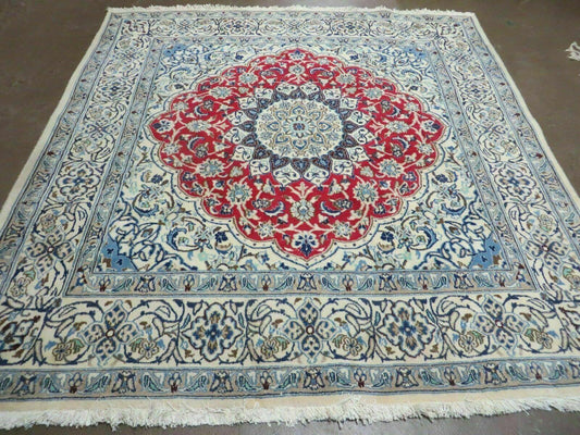 Square Persian Nain Rug 6.3 x 6.8, Hand-Knotted Wool with Silk Accents, Ivory Red Blue - Nuvé