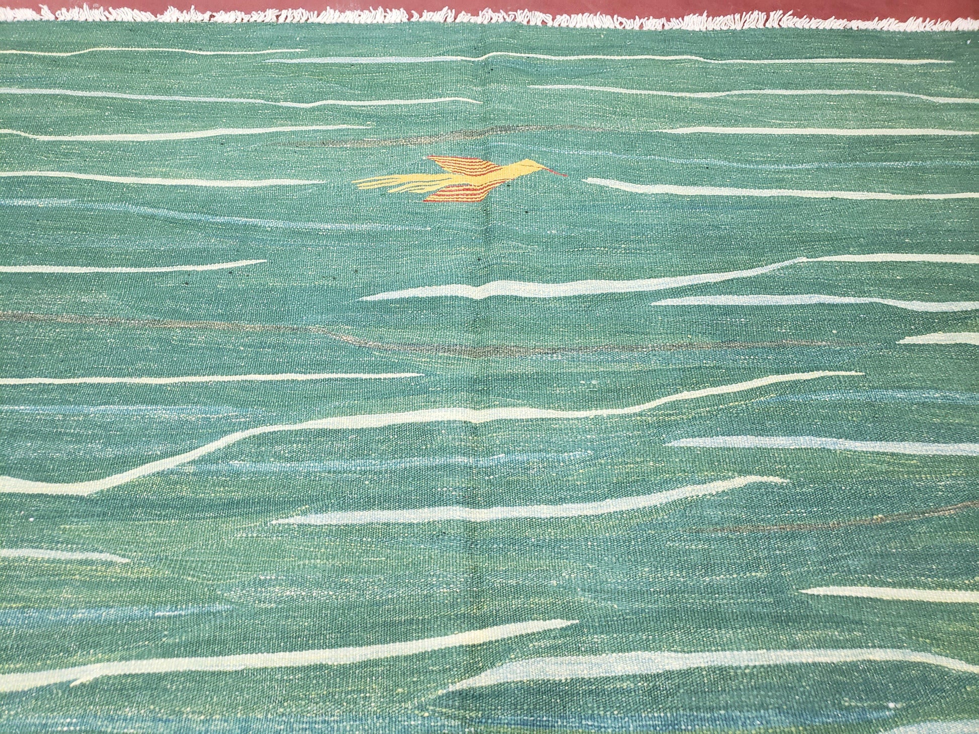Green Turkish Kilim Rug, 6x9 - 7x10 Rugs, Bird, Handmade New Area Rug, Wool, Bohemian Boho Decor, Hand Woven, Modern Abstract Flat Weave Rug - Nuvé
