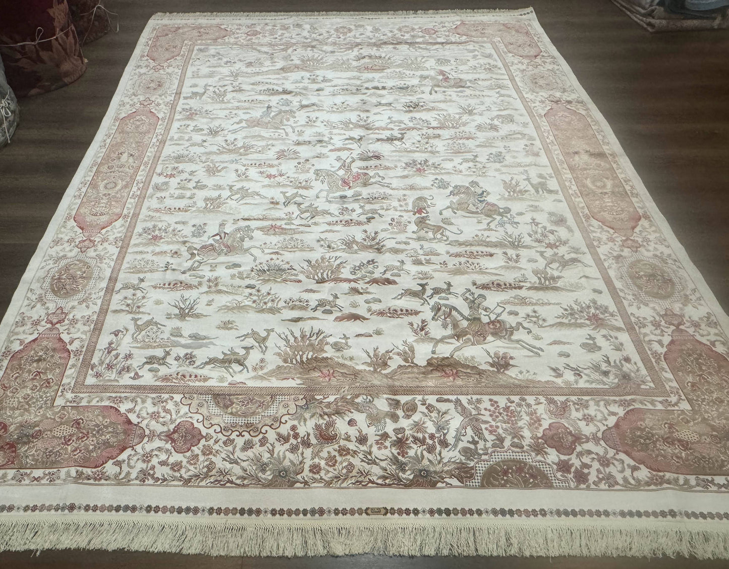 Large Turkish Silk Rug 8x10, Ivory, Hunting Design, Bamboo Silk, New - Nuvé