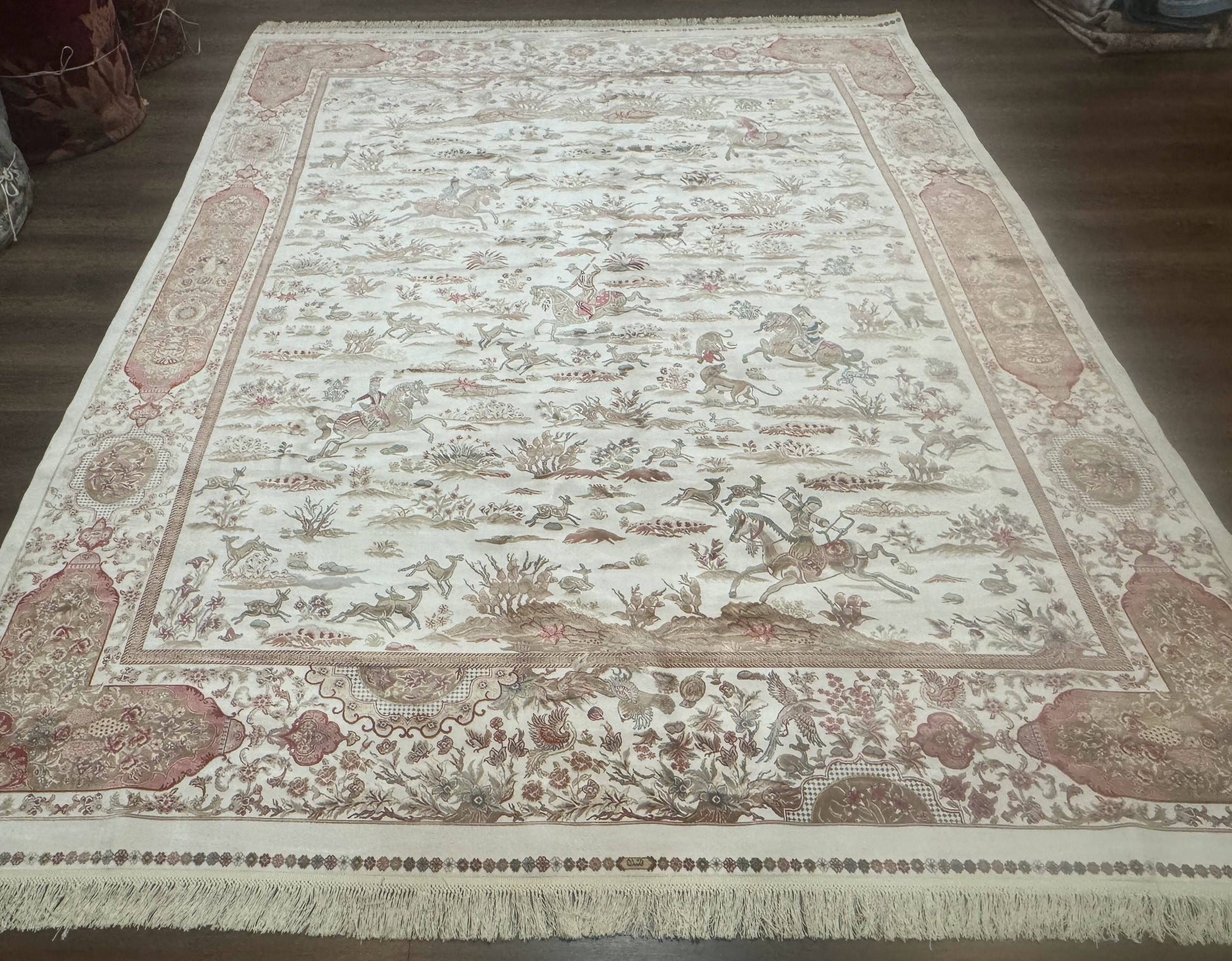 Large Turkish Silk Rug 8x10, Ivory, Hunting Design, Bamboo Silk, New - Nuvé