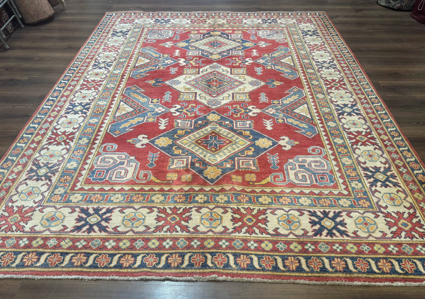 Turkish Kazak Rug 7.6 x 9.5, Geometric Medallions, Caucasian Pattern - Nuvé