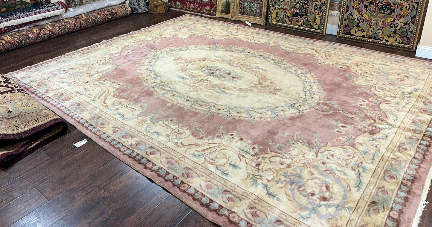 Indo Chinese Aubusson Wool Rug 10x14, Pink and Cream, Handmade Vintage Wool Carpet, Elegant European Design - Nuvé