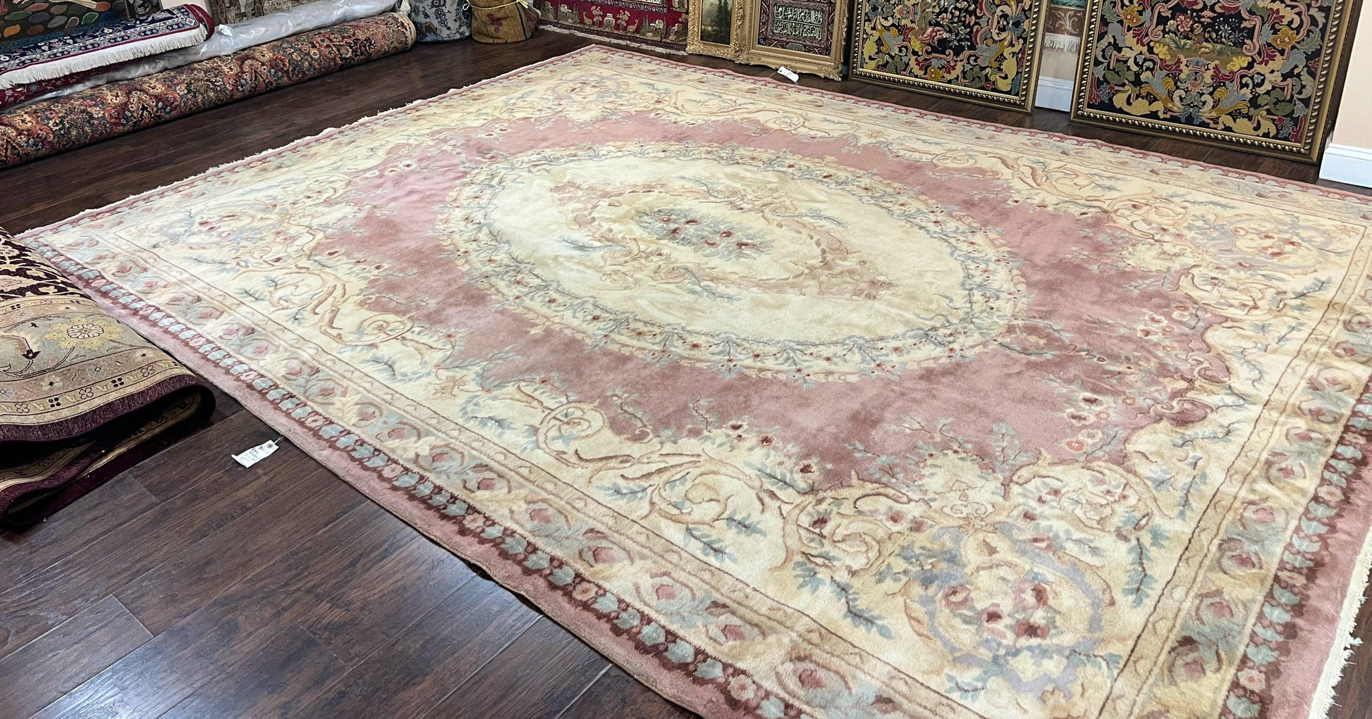 Indo Chinese Aubusson Wool Rug 10x14, Pink and Cream, Handmade Vintage Wool Carpet, Elegant European Design - Nuvé