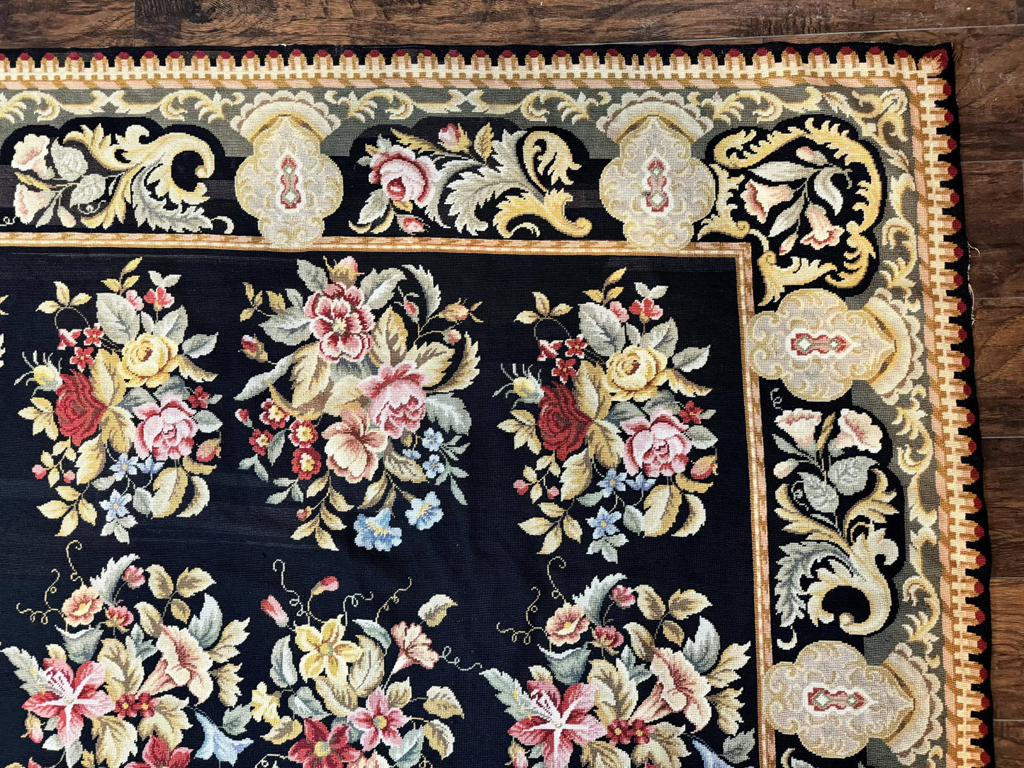 Palace Size Needlepoint Rug 12x16, Black and Colorful, Floral Panel, Handmade Oversized Wool Needlepoint Carpet, Rare - Nuvé