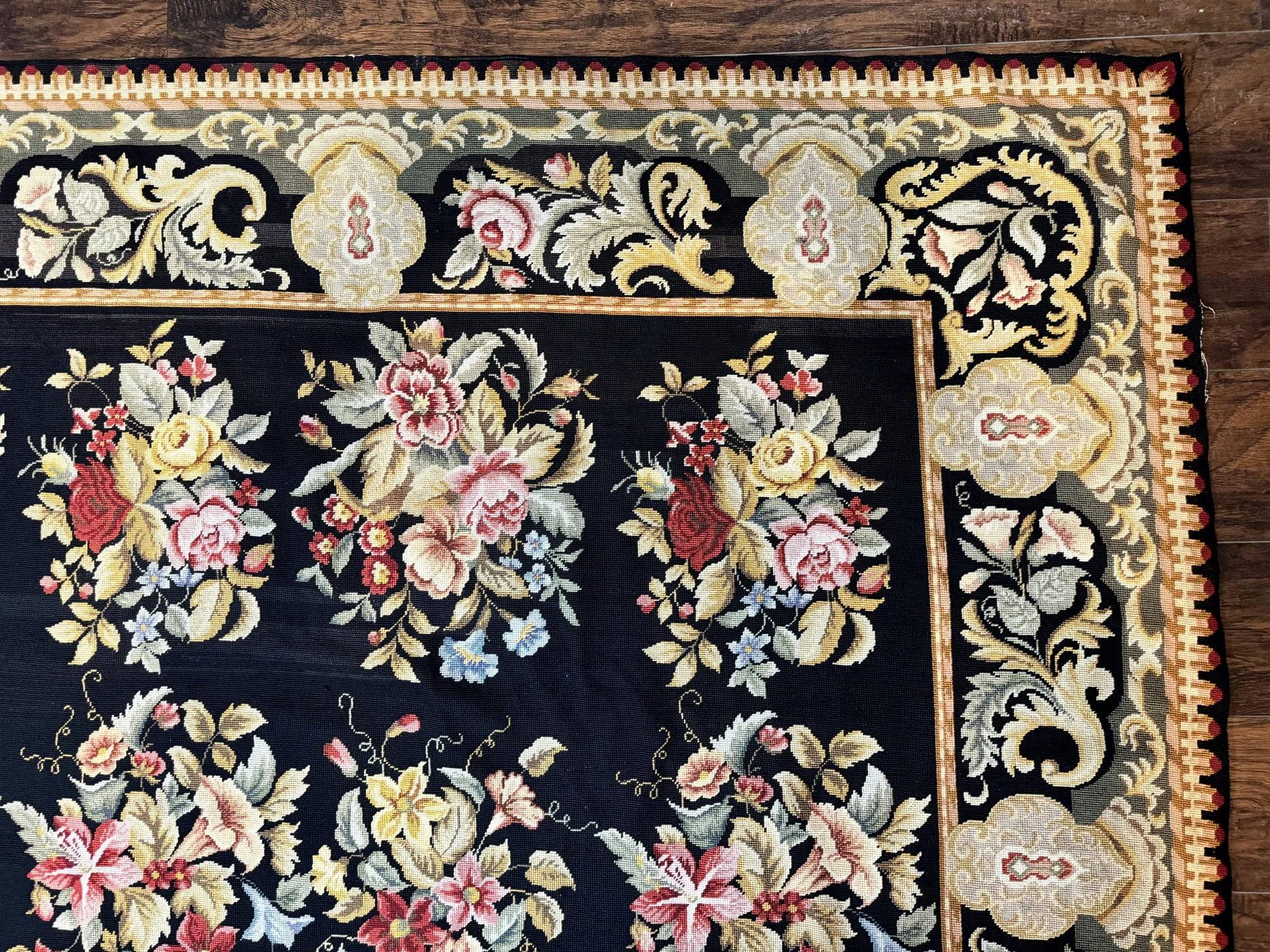 Palace Size Needlepoint Rug 12x16, Black and Colorful, Floral Panel, Handmade Oversized Wool Needlepoint Carpet, Rare - Nuvé