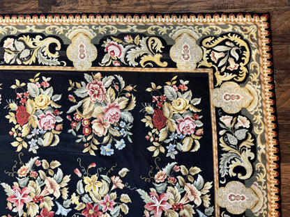 Palace Size Needlepoint Rug 12x16, Black and Colorful, Floral Panel, Handmade Oversized Wool Needlepoint Carpet, Rare - Nuvé