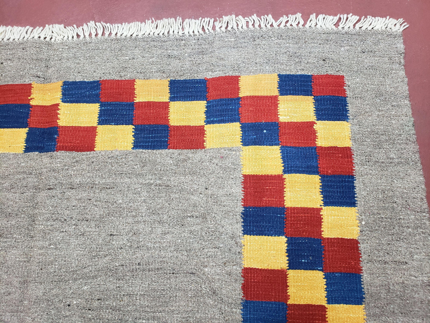 New Turkish Kilim Area Rug, Gray Carpet With Colorful Checker Border, 5'6" x 8", Flatweave Carpet, Playroom Rug, Kids Room Rug, Hand-Knotted - Nuvé