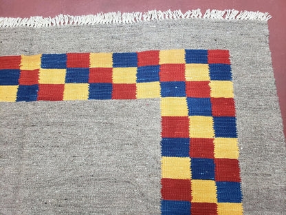 New Turkish Kilim Area Rug, Gray Carpet With Colorful Checker Border, 5'6" x 8", Flatweave Carpet, Playroom Rug, Kids Room Rug, Hand-Knotted - Nuvé