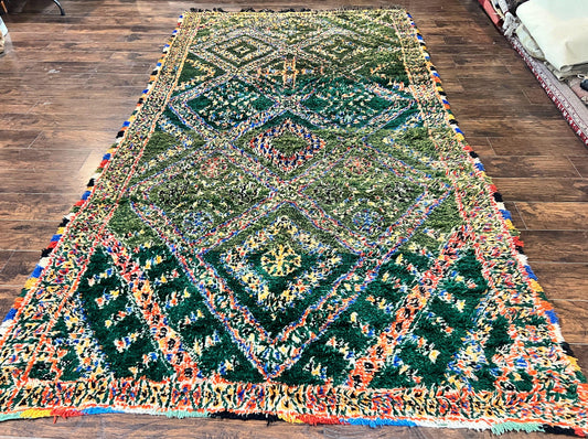 Large Moroccan Shag Rug 6x12, Green Multicolor Colorful Boho Rug, Handmade Hand Knotted Wool Carpet, Geometric Design, Vintage Rug - Nuvé