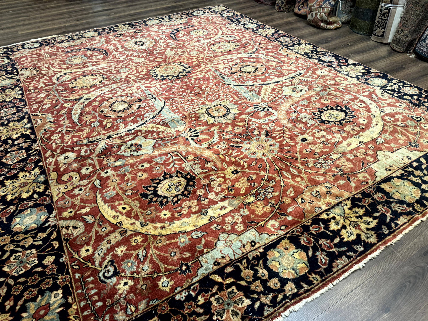 Indian Agra Rug 9x11, Terracotta and Navy Blue, Sickle Leaf Rug - Nuvé