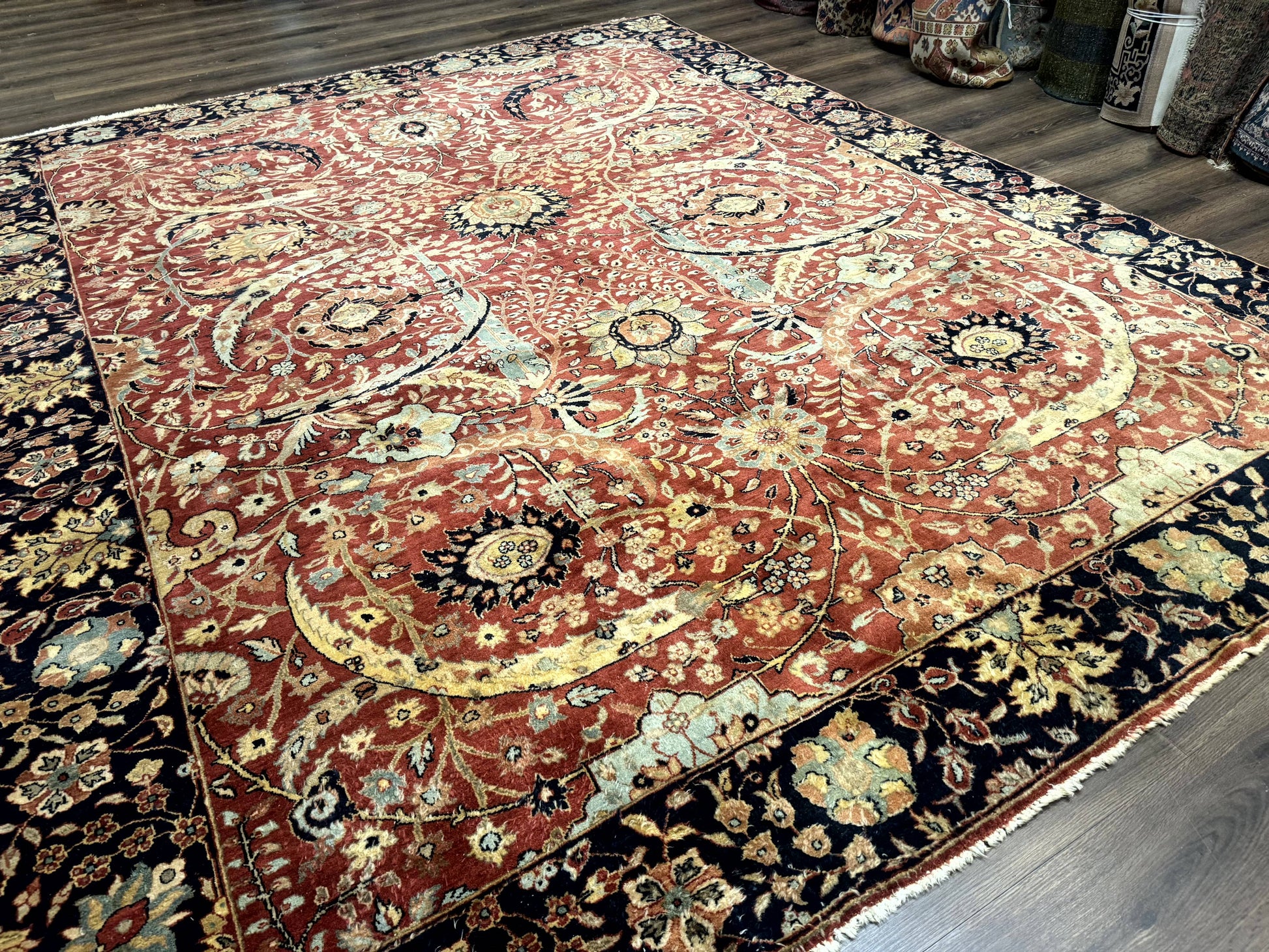 Indian Agra Rug 9x11, Terracotta and Navy Blue, Sickle Leaf Rug - Nuvé