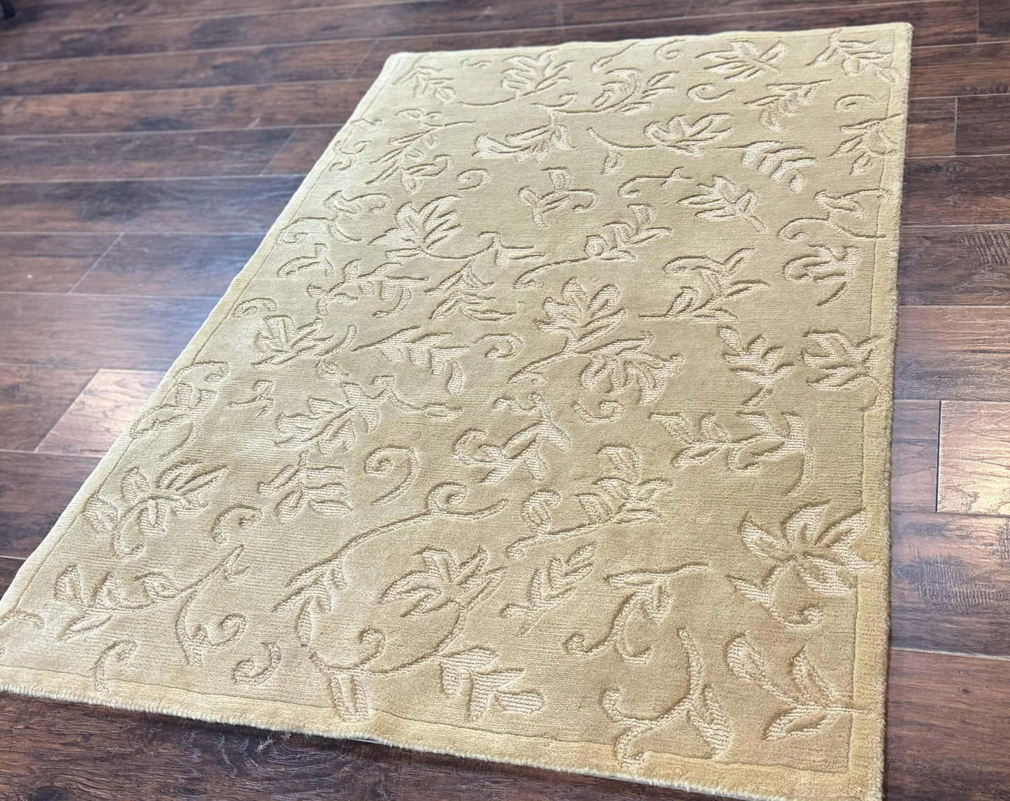 Modern Tibetan Rug 3.7 x 5.5, Carved Floral Design, Wool and Silk Highlights - Nuvé