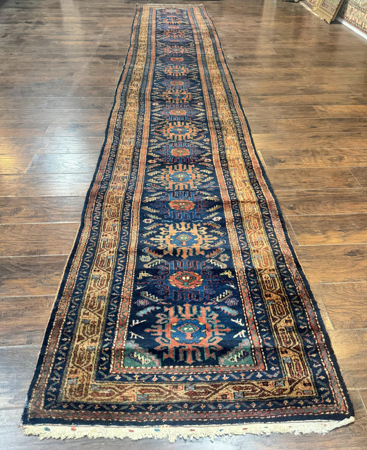 Antique Persian Sarab Runner 3x17, Blue Persian Runner Rug, Long Handmade Wool Carpet for Hallway, Rare, Tribal - Nuvé