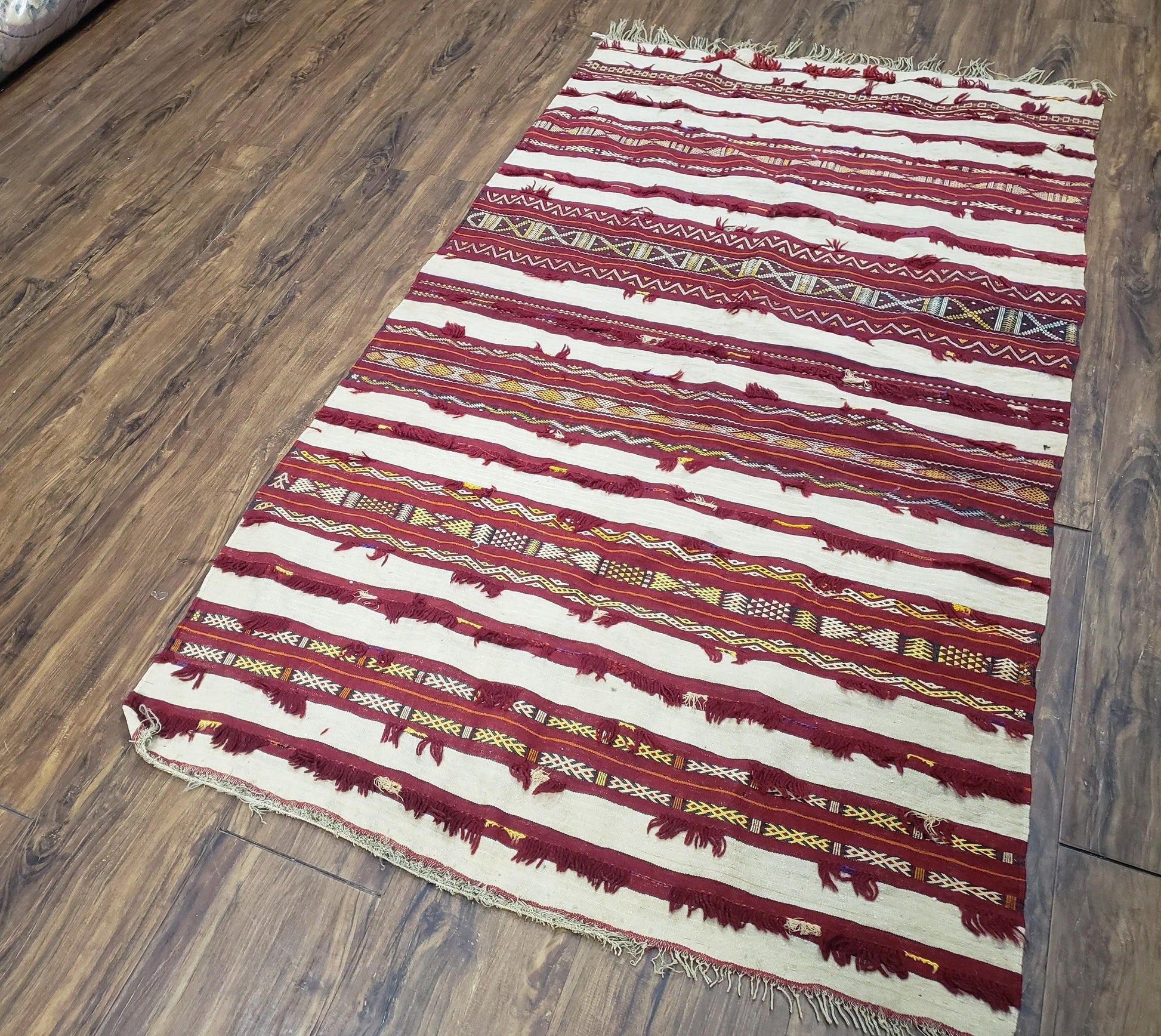 Antique Turkoman Yamud Rug 3x5 ft, 1920s Turkmen Sofreh Table Cover, Bohemian Rug, Tribal Collectible, Striped Rug, Handmade Ivory and Red - Nuvé