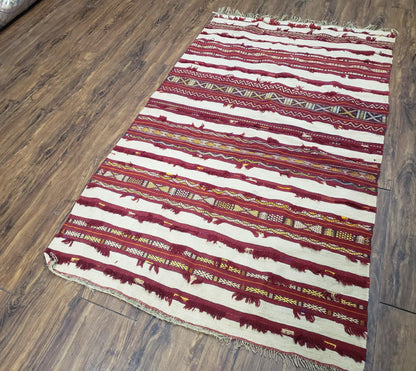 Antique Turkoman Yamud Rug 3x5 ft, 1920s Turkmen Sofreh Table Cover, Bohemian Rug, Tribal Collectible, Striped Rug, Handmade Ivory and Red - Nuvé