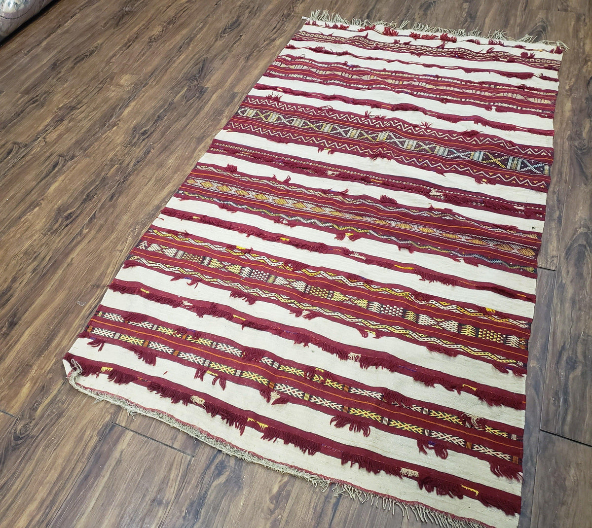 Antique Turkoman Yamud Rug 3x5 ft, 1920s Turkmen Sofreh Table Cover, Bohemian Rug, Tribal Collectible, Striped Rug, Handmade Ivory and Red
