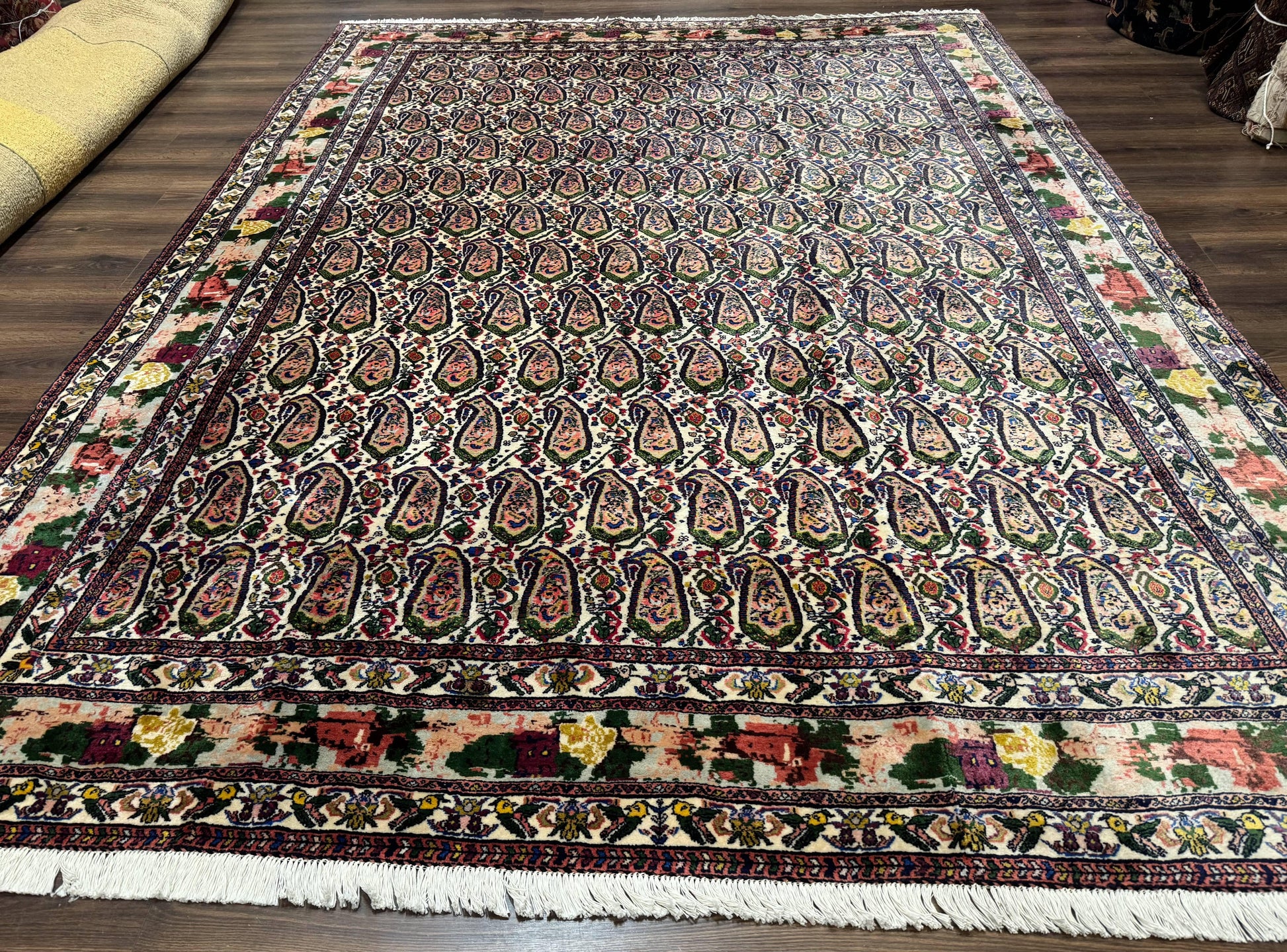 Persian Rug 8x11, Boteh Design, Repeated Paisleys, Persian Kurdish Rug, Bird Pictorials, Rare Antique Persian Kurdish Sannadaji Carpet - Nuvé