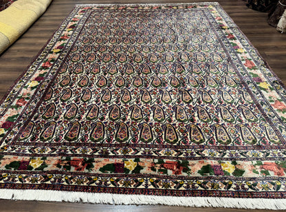 Persian Rug 8x11, Boteh Design, Repeated Paisleys, Persian Kurdish Rug, Bird Pictorials, Rare Antique Persian Kurdish Sannadaji Carpet - Nuvé