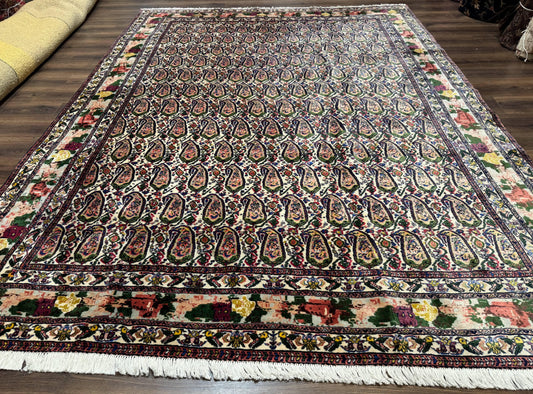 Persian Rug 8x11, Boteh Design, Repeated Paisleys, Persian Kurdish Rug, Bird Pictorials, Rare Antique Persian Kurdish Sannadaji Carpet - Nuvé