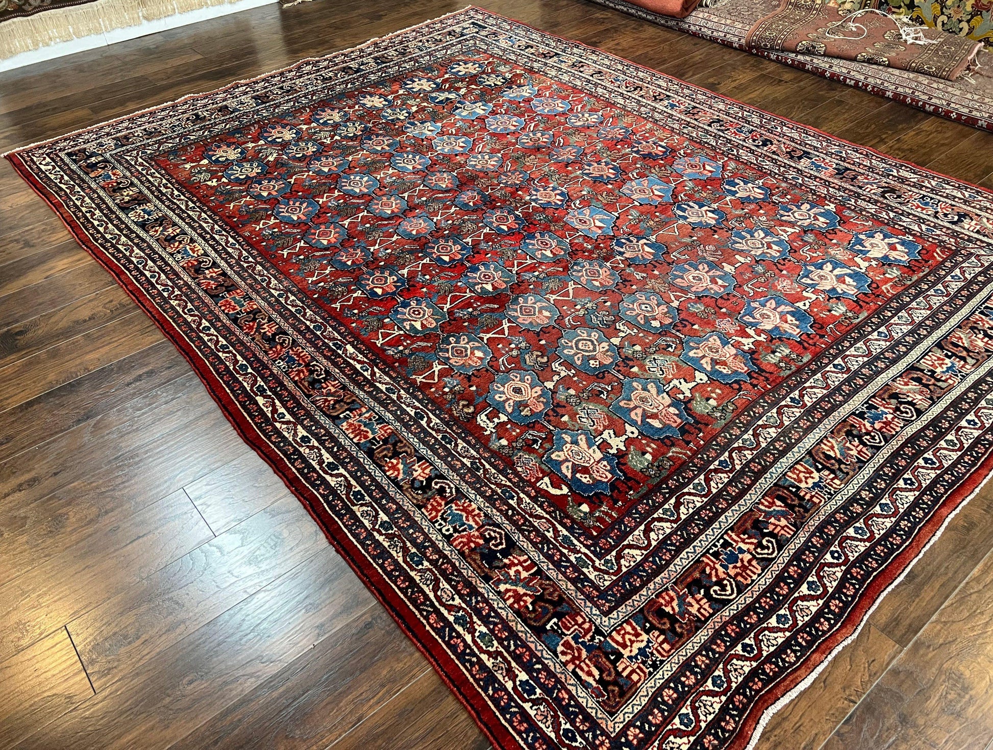 Antique Persian Bijar Rug 9x12 - Allover Motif, Red & Blue - Nuvé