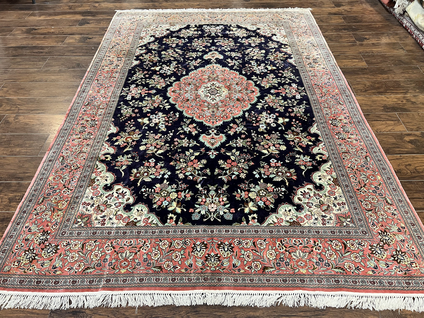 Stunning Silk Persian Qum Rug 7x9, Finely Hand Knotted Navy Blue & Salmon Floral Medallion Authentic Oriental Carpet, Vintage Handmade Silk Ghom Rug, Silk on Silk - Nuvé