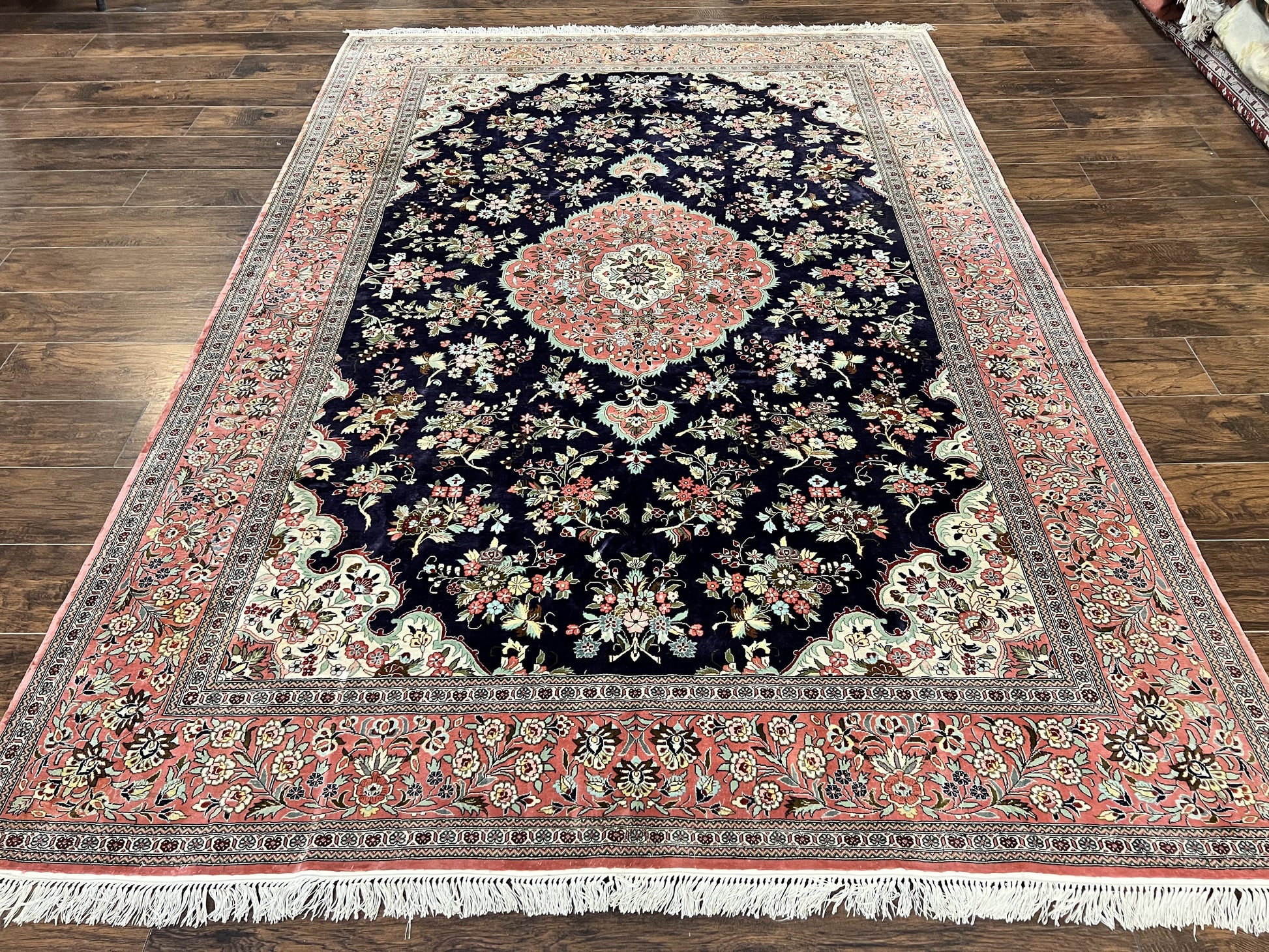 Stunning Silk Persian Qum Rug 7x9, Finely Hand Knotted Navy Blue & Salmon Floral Medallion Authentic Oriental Carpet, Vintage Handmade Silk Ghom Rug, Silk on Silk - Nuvé