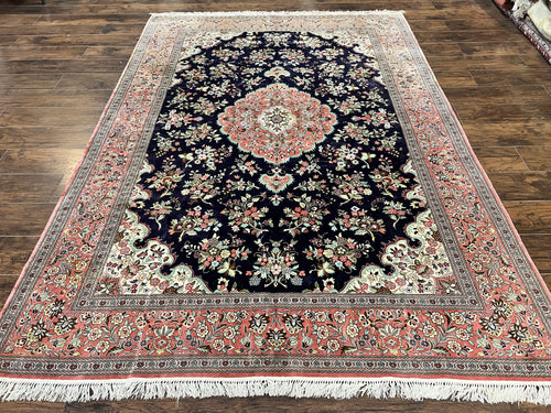 Stunning Silk Persian Qum Rug 7x9, Finely Hand Knotted Navy Blue & Salmon Floral Medallion Authentic Oriental Carpet, Vintage Handmade Silk Ghom Rug, Silk on Silk - Nuvé