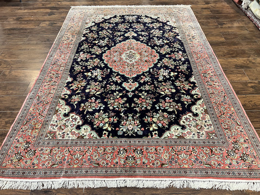 Stunning Silk Persian Qum Rug 7x9, Finely Hand Knotted Navy Blue & Salmon Floral Medallion Authentic Oriental Carpet, Vintage Handmade Silk Ghom Rug, Silk on Silk - Nuvé