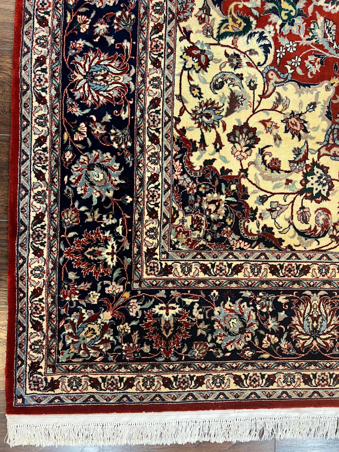 Fine Sino Persian Rug 7x10 ft, Floral Central Medallion Oriental Carpet, Red Navy Blue Cream, Hand Knotted Wool Traditional Vintage Rug - Nuvé