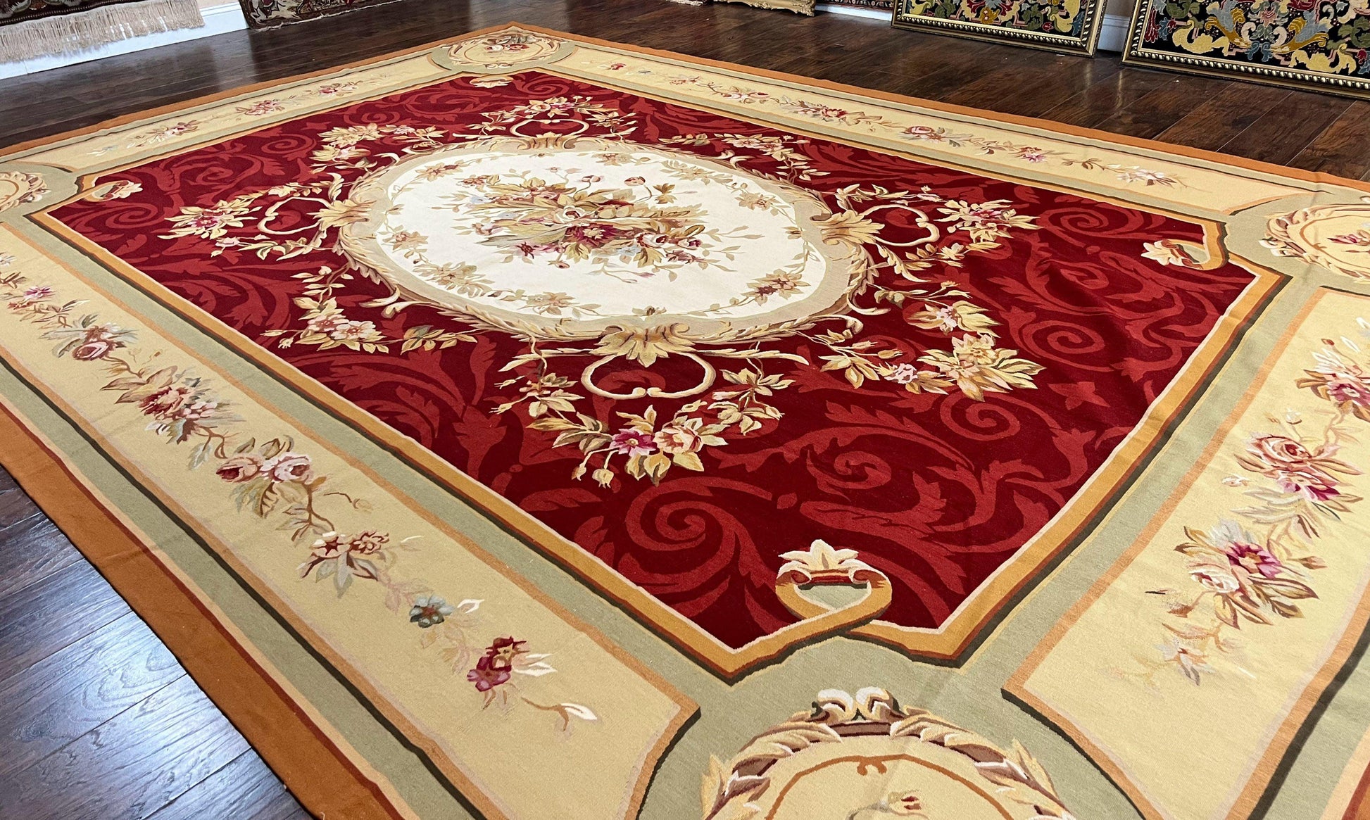Large Aubusson Rug 10x14, Wool Handmade Vintage Carpet, Dark Red Ivory Tan, French European Elegant Aubusson Weave Rug - Nuvé