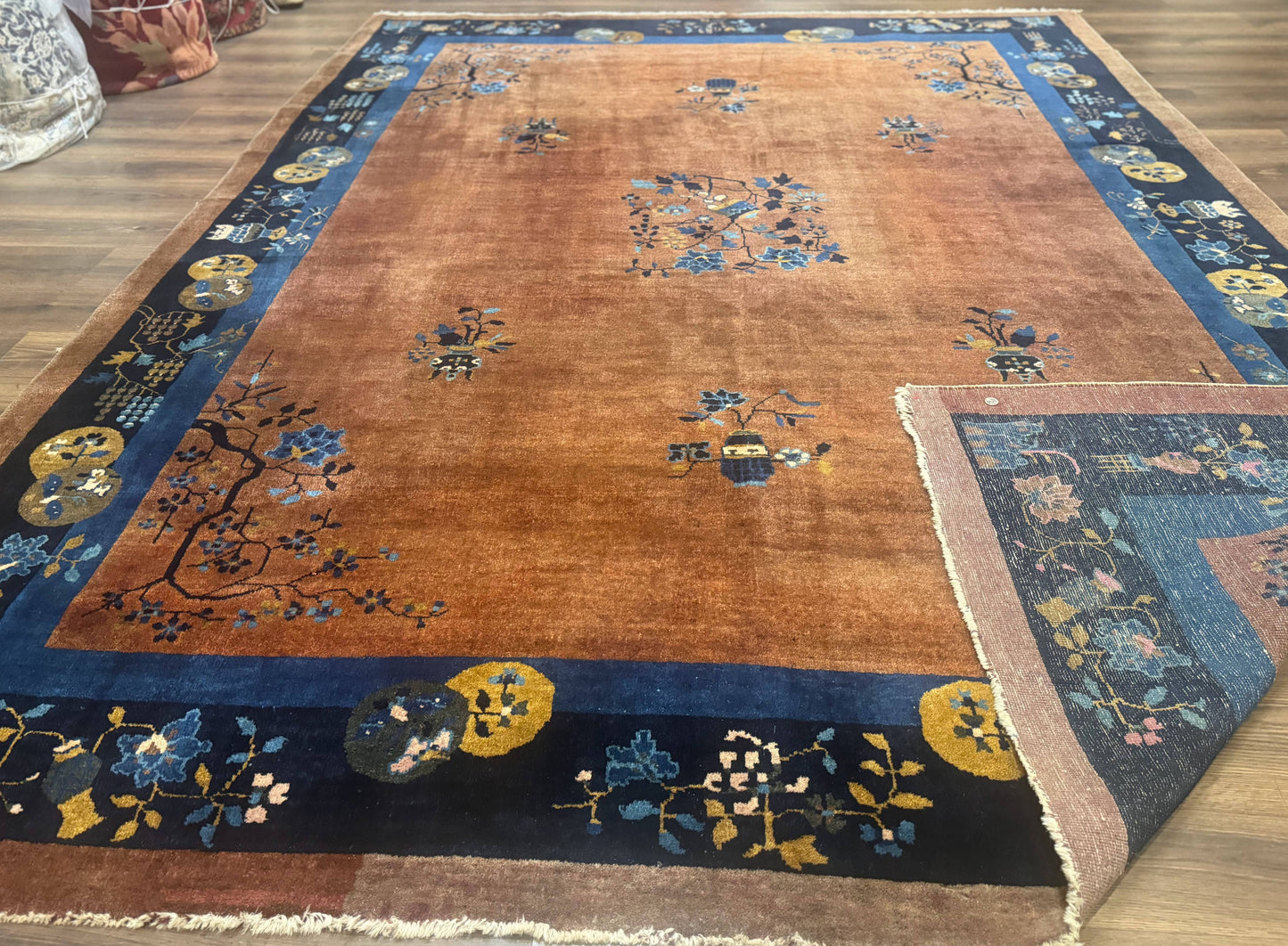 Antique Chinese Wool Rug 9x12, Light Brown and Navy Blue, Fete Peking Art Deco - Nuvé