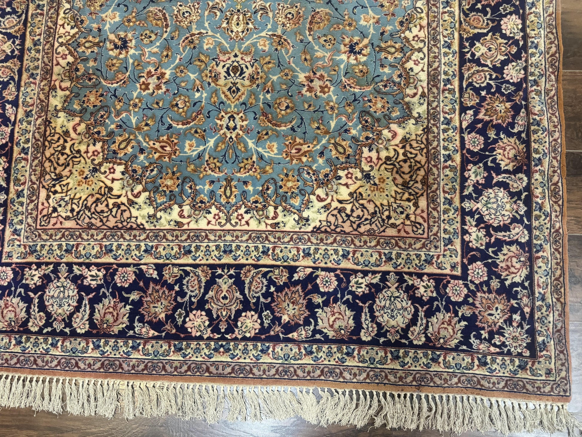 Light Blue Persian Isfahan Rug 5x8, Floral Medallion, Wool on Silk Foundation, Very Fine 530 KPSI, Handmade Carpet - Nuvé