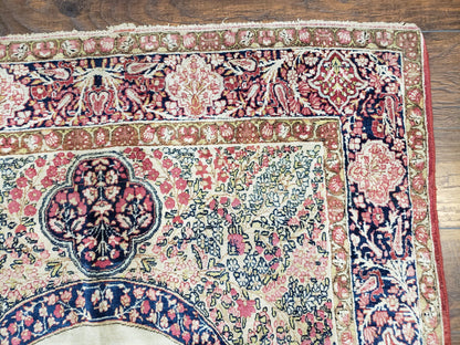 Antique Persian Kirman Rug 4.4 x 7.5, Highly Collectible, Late 19th Early 20th Century Rug, Millefleurs, Cows, Wool Hand Knotted, Pictorial - Nuvé